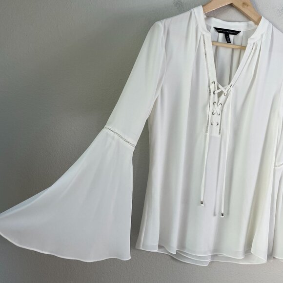 White House Black Market Womens 8 Lace Up Blouse Long Bell Sleeve Shirt Top - Picture 8 of 10